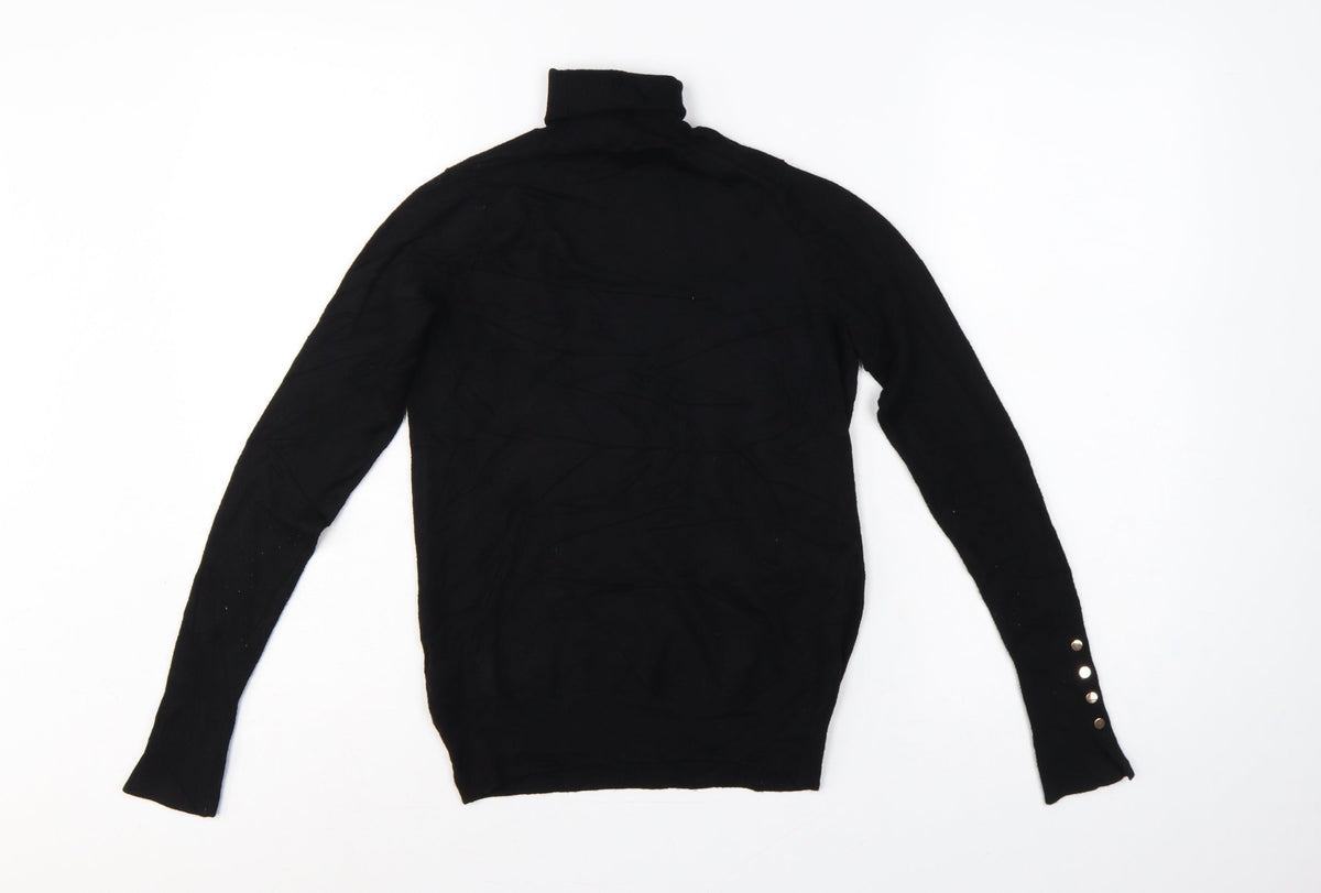Zara Women Black S Roll Neck Knit Pullover Jumper Gold Button Cuffs