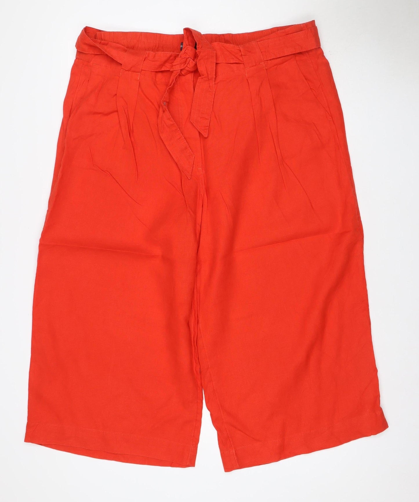 Marks & Spencer Women Red UK 12 Linen Wide-Leg Cropped Tie Waist Trousers