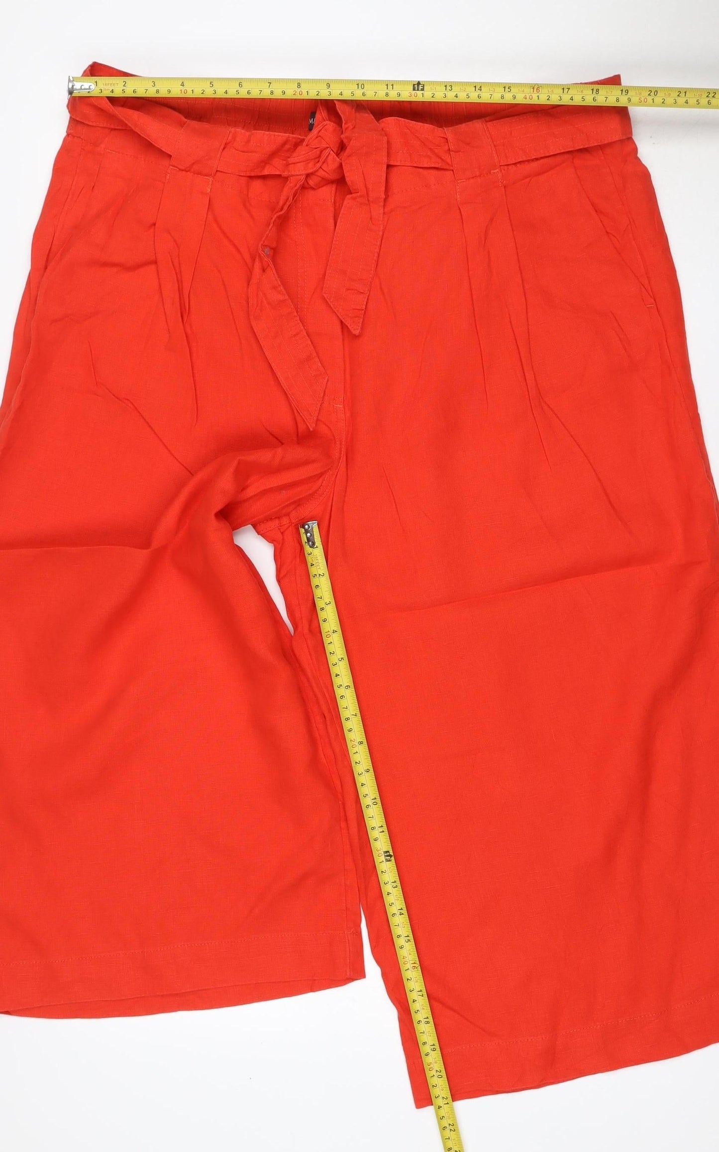 Marks & Spencer Women Red UK 12 Linen Wide-Leg Cropped Tie Waist Trousers