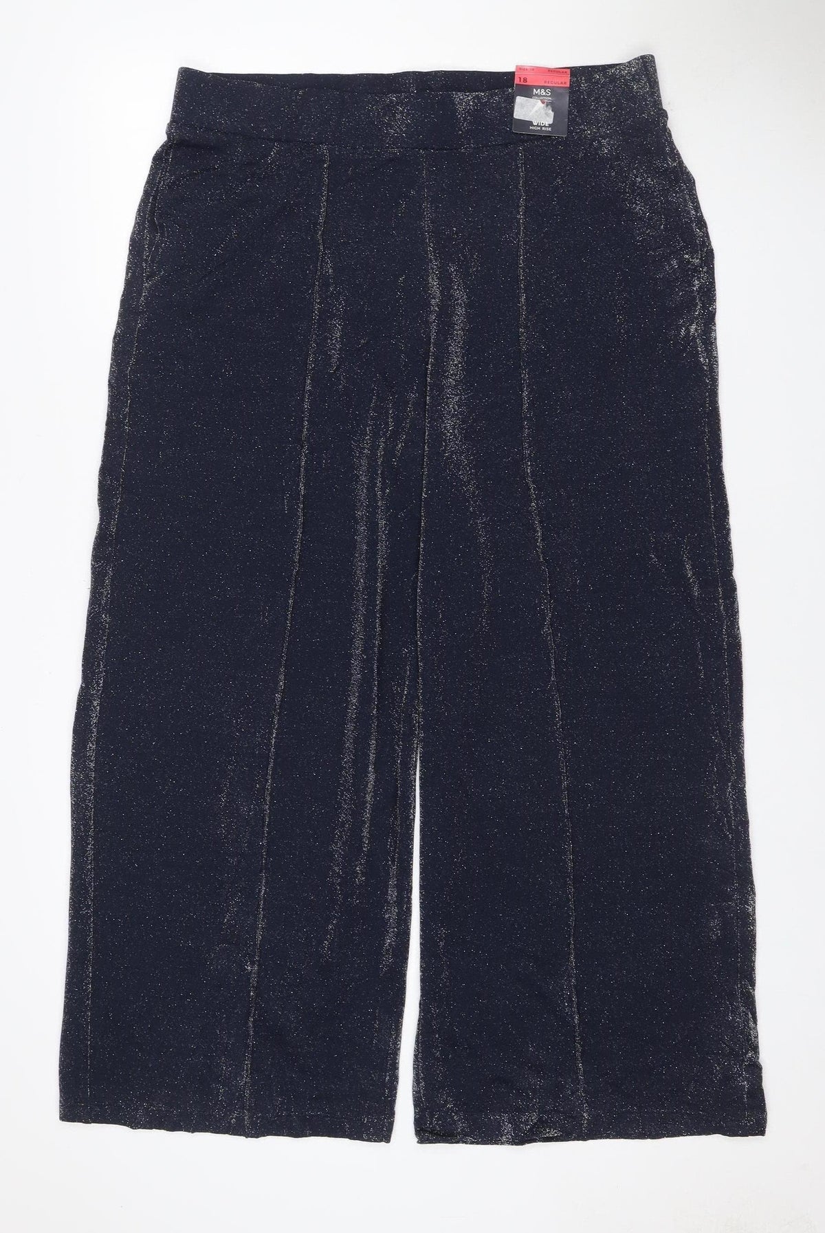 Marks & Spencer Women Black Glitter High Rise Wide-Leg Trousers UK 18