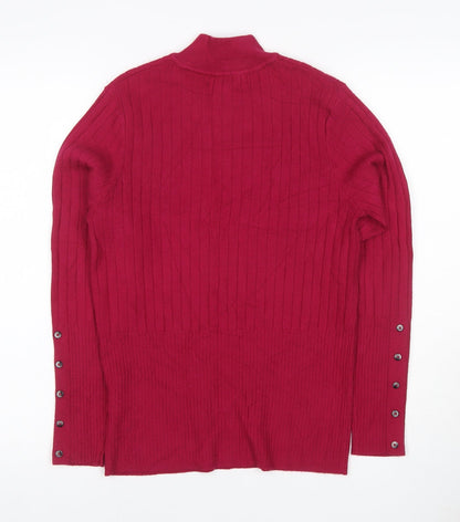 Marks & Spencer Womens Red UK 10 Ribbed Roll Neck Button Hem Knit Jumper