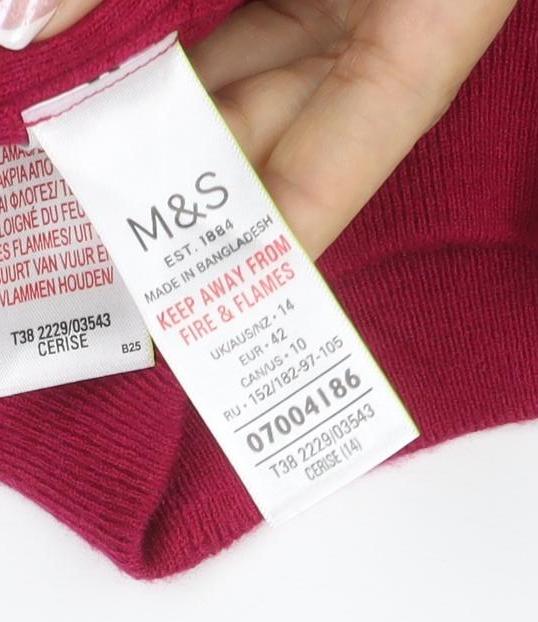 Marks & Spencer Womens Red UK 10 Ribbed Roll Neck Button Hem Knit Jumper