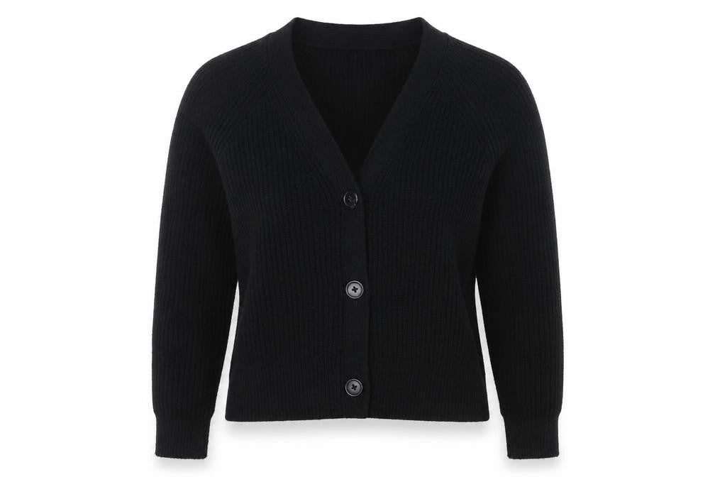 Pure Collection Women Black UK 10 Rib Knit V-Neck Wool Blend Cardigan