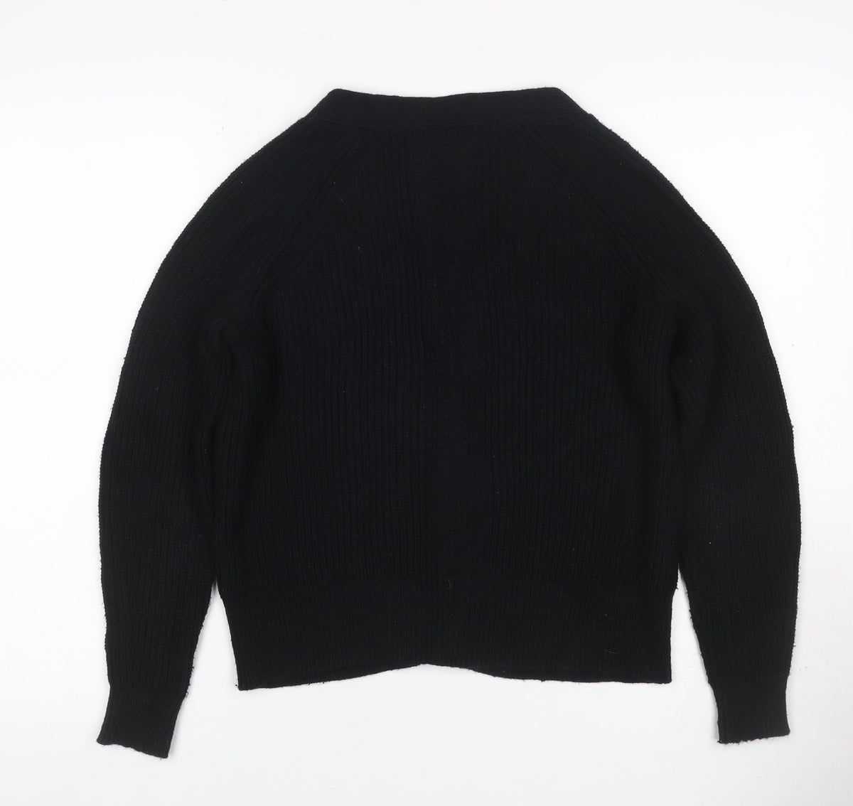 Pure Collection Women Black UK 10 Rib Knit V-Neck Wool Blend Cardigan