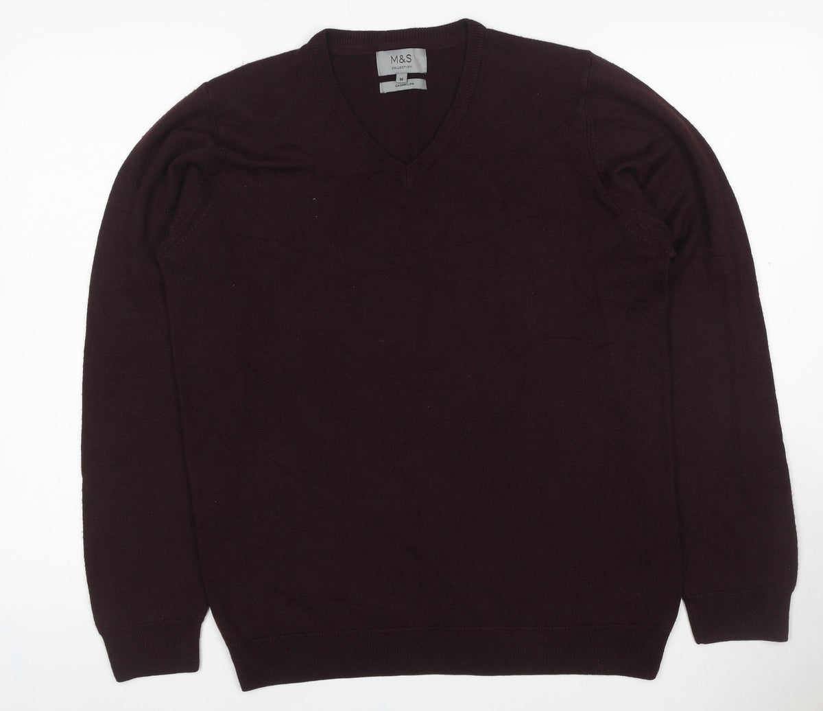 Marks & Spencer Men Brown M V-Neck Cashmilon Acrylic Knit Pullover Jumper
