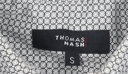 Brand and care label for Thomas Nash Men’s Grey Geometric Short Sleeve Button-Up Shirt S