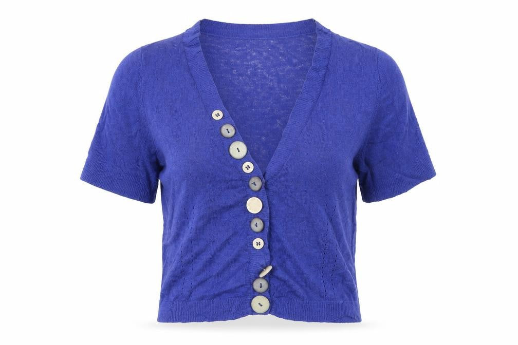 East Women’s Purple Linen Cotton Short Sleeve V-Neck Cardigan Size 12