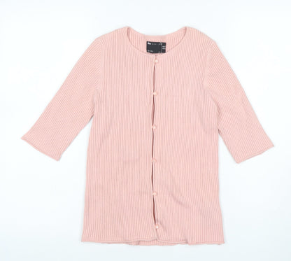 Additional front view of ASOS Design Women Pink UK 12 Rib Knit Button 3/4 Sleeve Cardigan