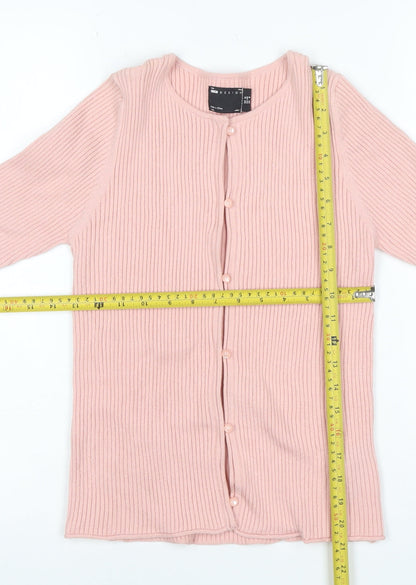 Close-up detail of ASOS Design Women Pink UK 12 Rib Knit Button 3/4 Sleeve Cardigan