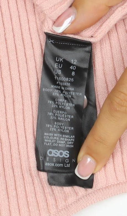 Brand and care label for ASOS Design Women Pink UK 12 Rib Knit Button 3/4 Sleeve Cardigan