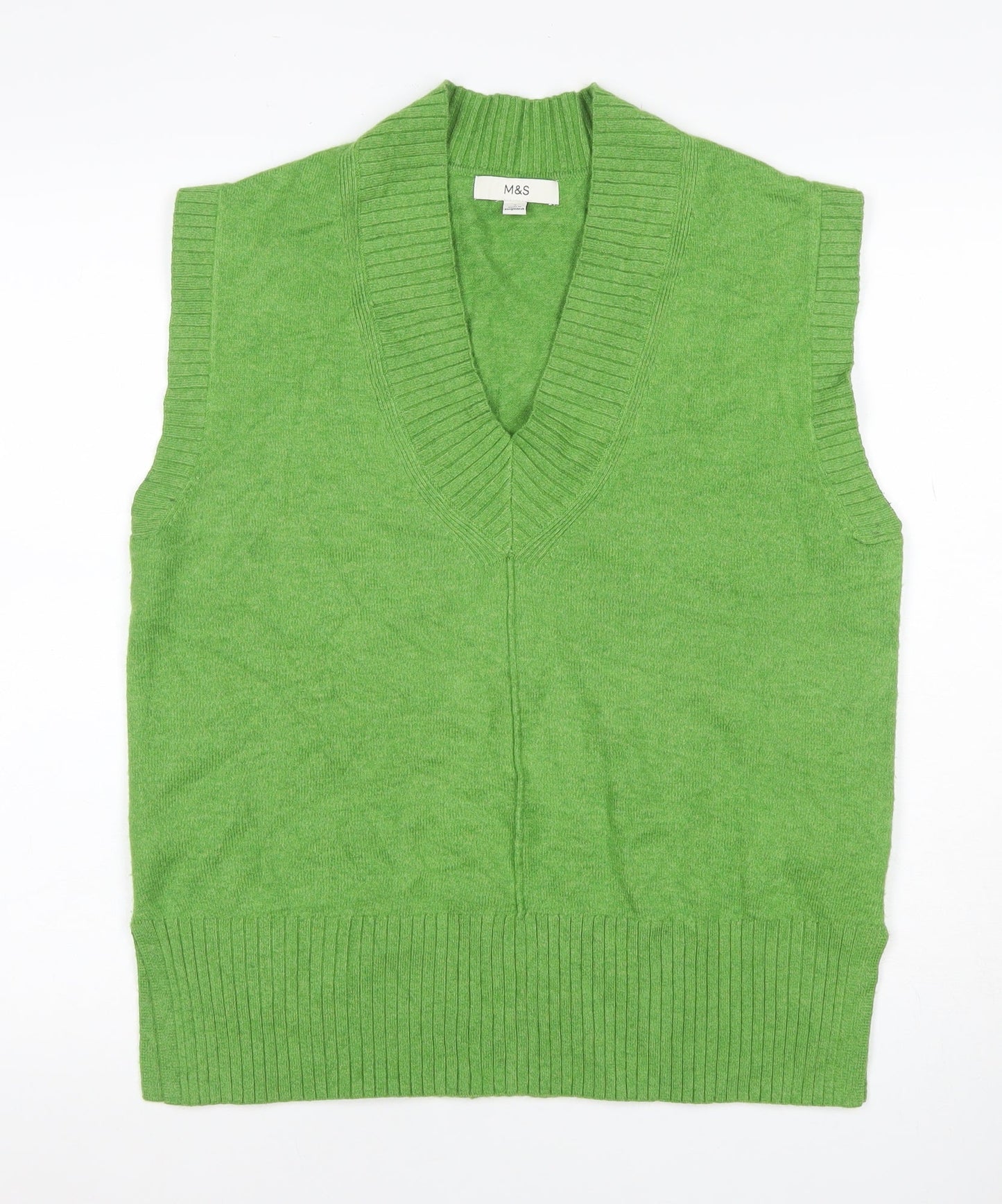 Marks & Spencer Women Green S V-Neck Sleeveless Knit Jumper Vest