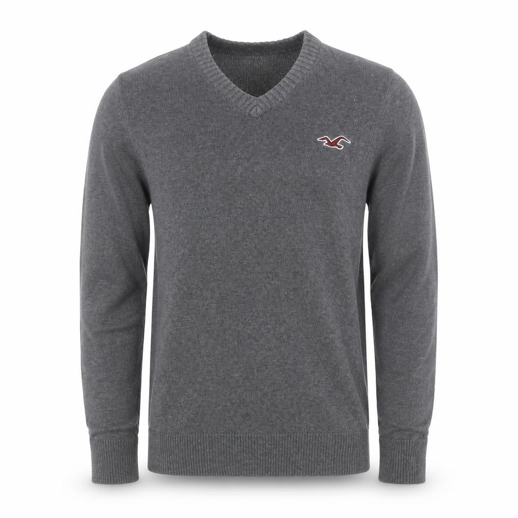 Hollister Men's Grey L V-Neck Logo Cotton Blend Pullover Jumper