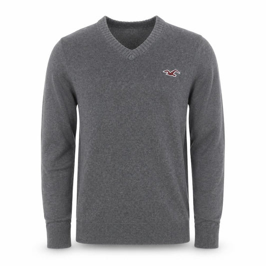 Hollister Men's Grey L V-Neck Logo Cotton Blend Pullover Jumper