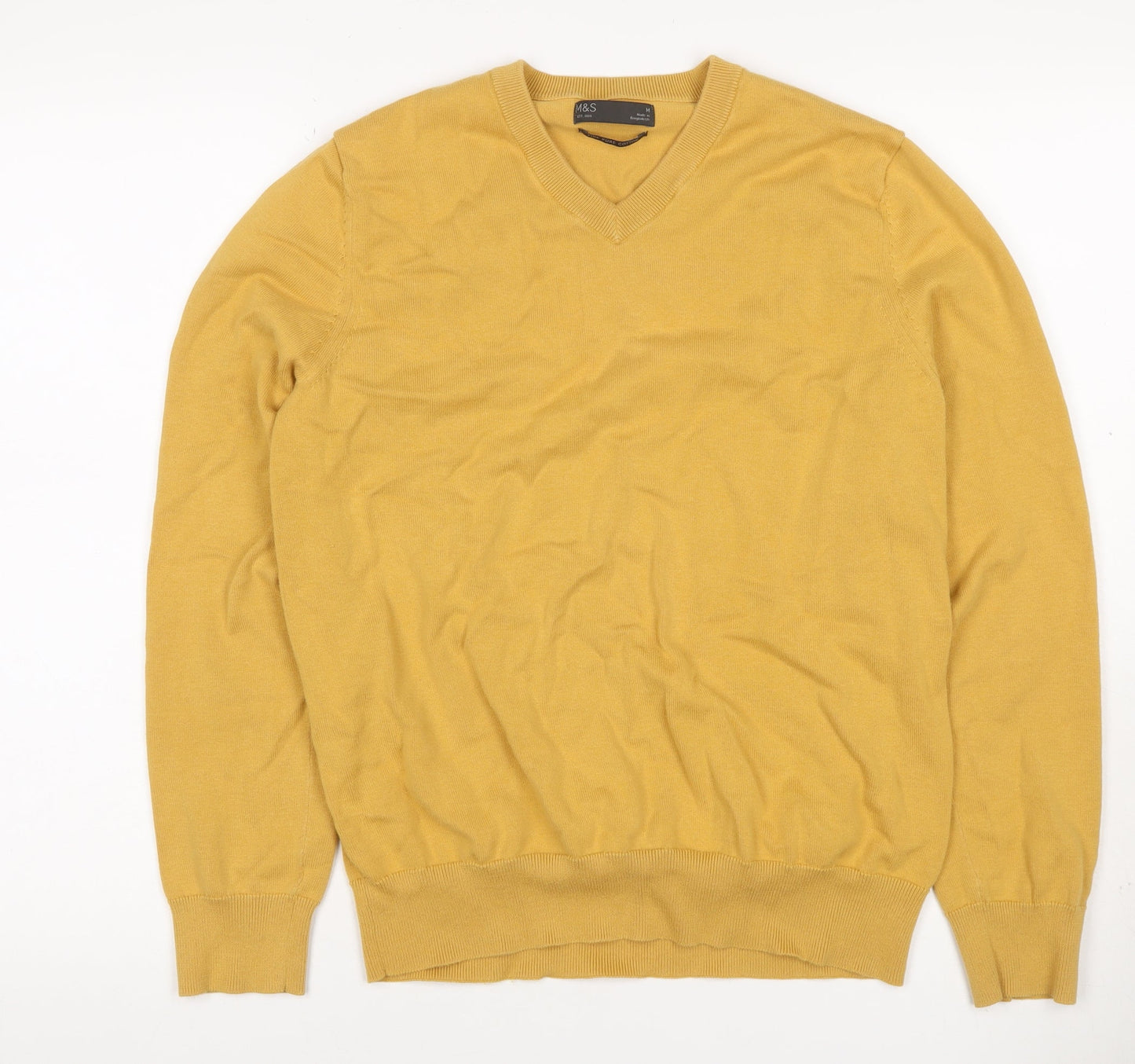 Marks & Spencer Men Yellow M V-Neck Pure Cotton Pullover Jumper