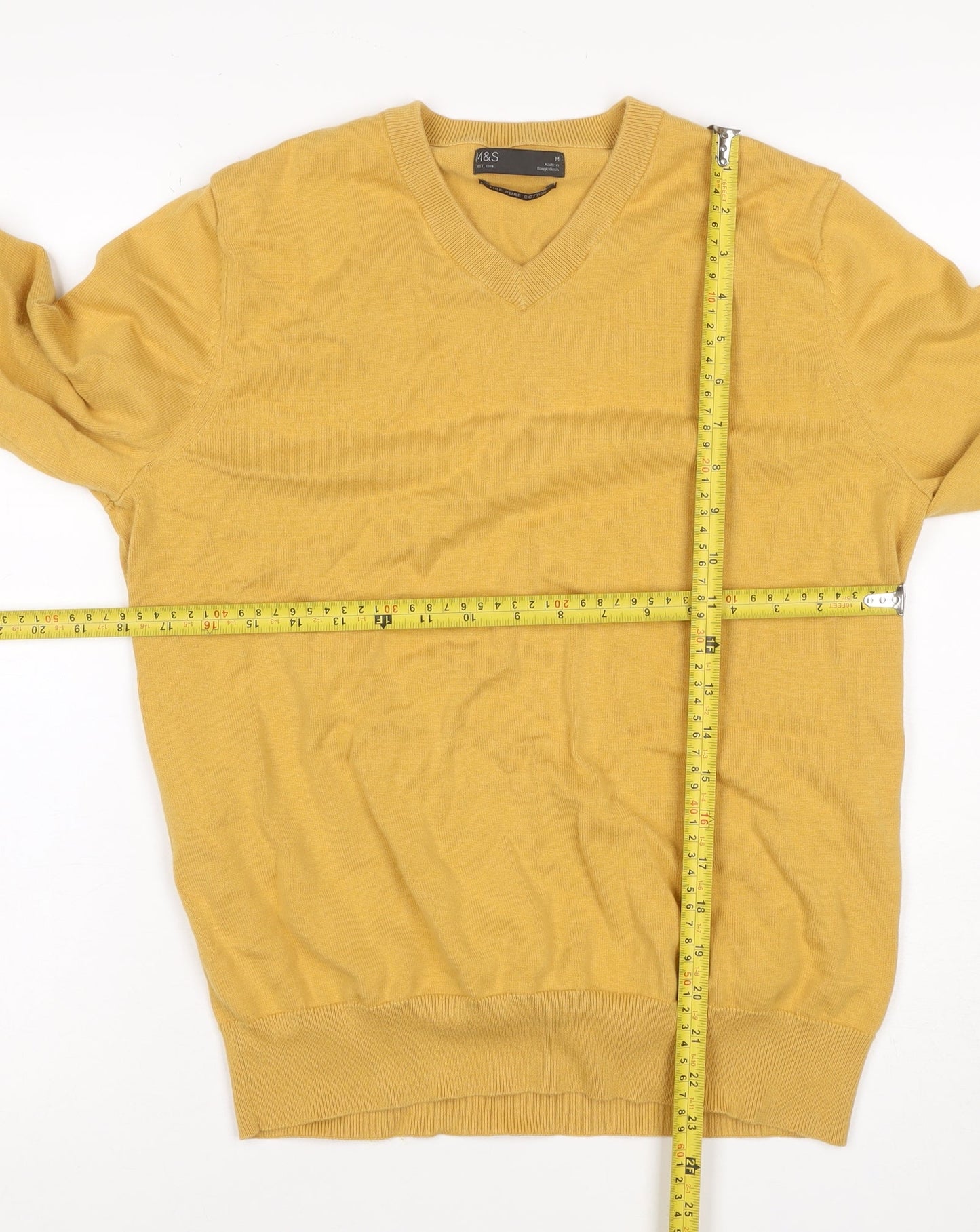 Marks & Spencer Men Yellow M V-Neck Pure Cotton Pullover Jumper