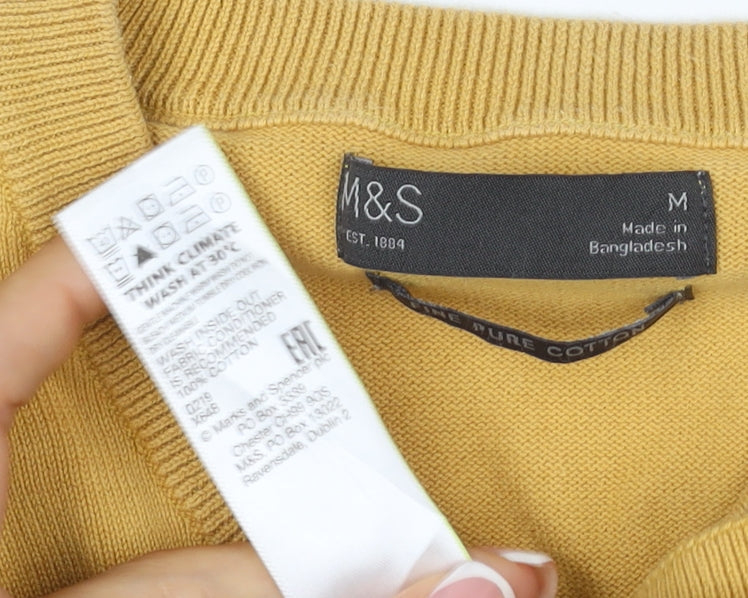 Marks & Spencer Men Yellow M V-Neck Pure Cotton Pullover Jumper