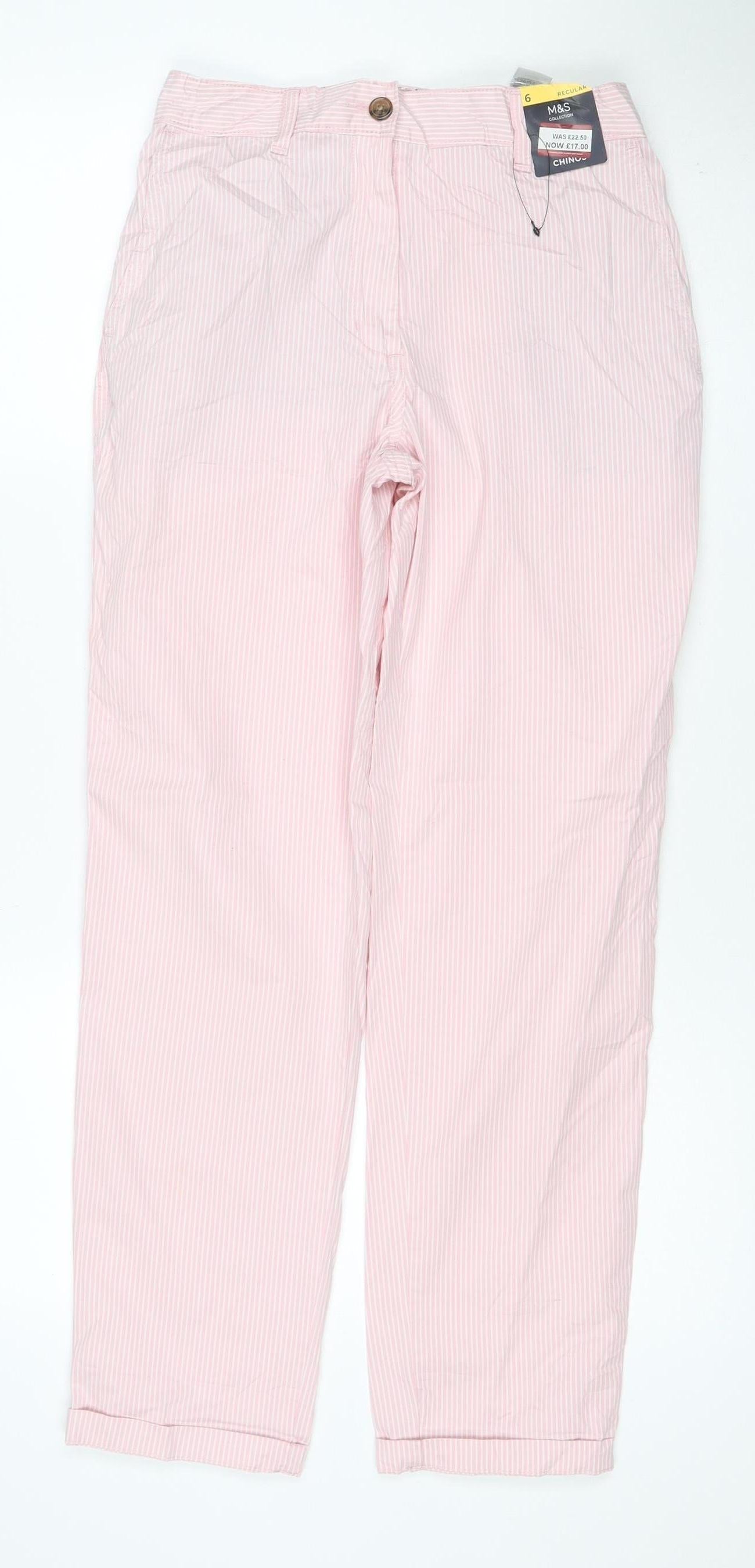 Marks & Spencer Women Pink Stripe Size 6 Slim Tapered Chino Trousers