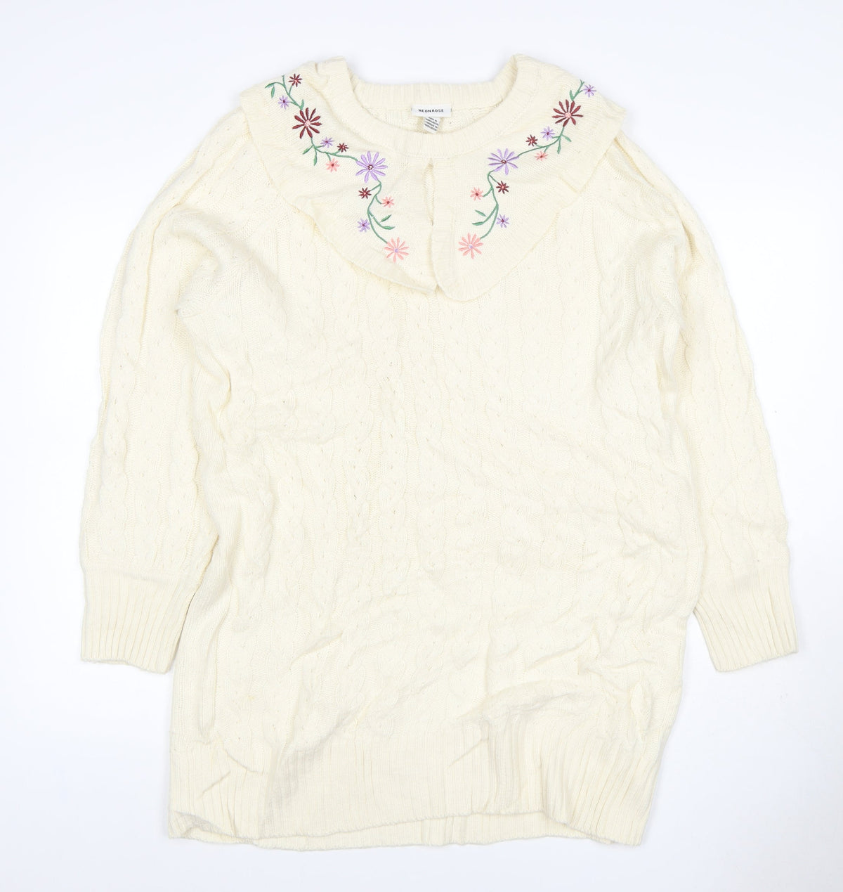 Neon Rose Women’s Ivory M Cable Knit Floral Embroidered Ruffle Jumper