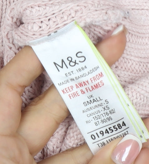 Marks & Spencer Women Pink S Cable Knit Mock Neck Jumper