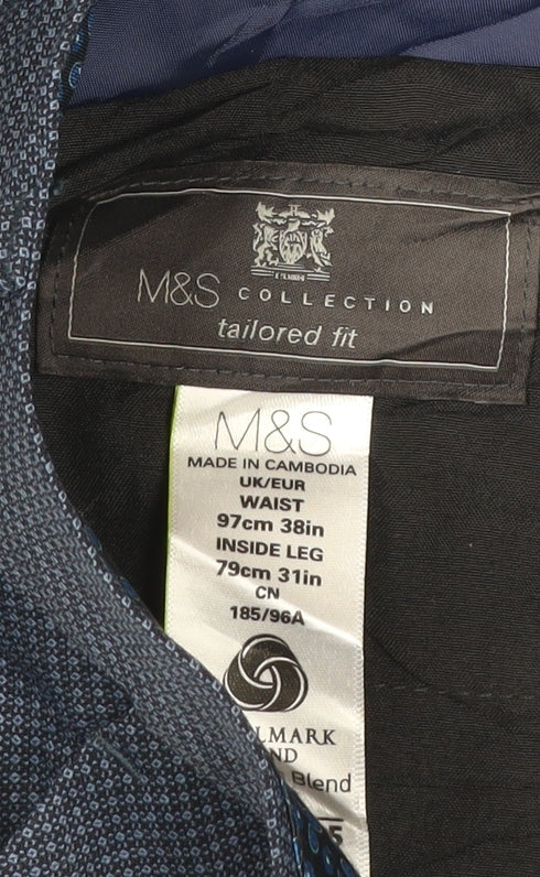 Marks & Spencer Men's Blue 38W 31L Tailored Fit Wool Dress Trousers