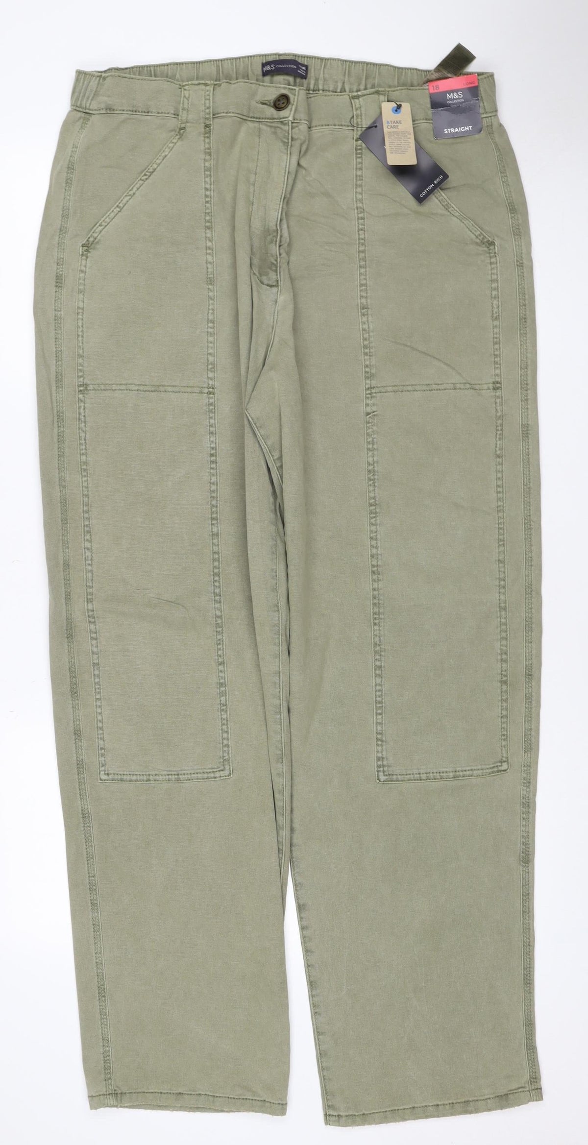 Marks and Spencer Women Green UK 18 Long Straight Cotton Rich Cargo Trousers
