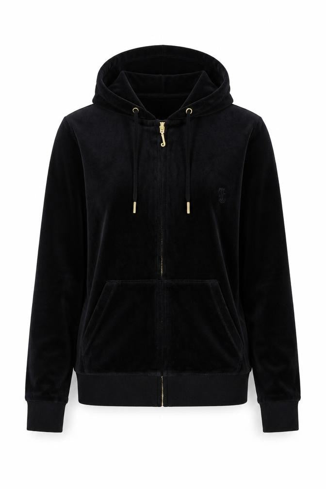 Juicy Couture Women Size 8 Black Velour Full Zip Hooded Hoodie