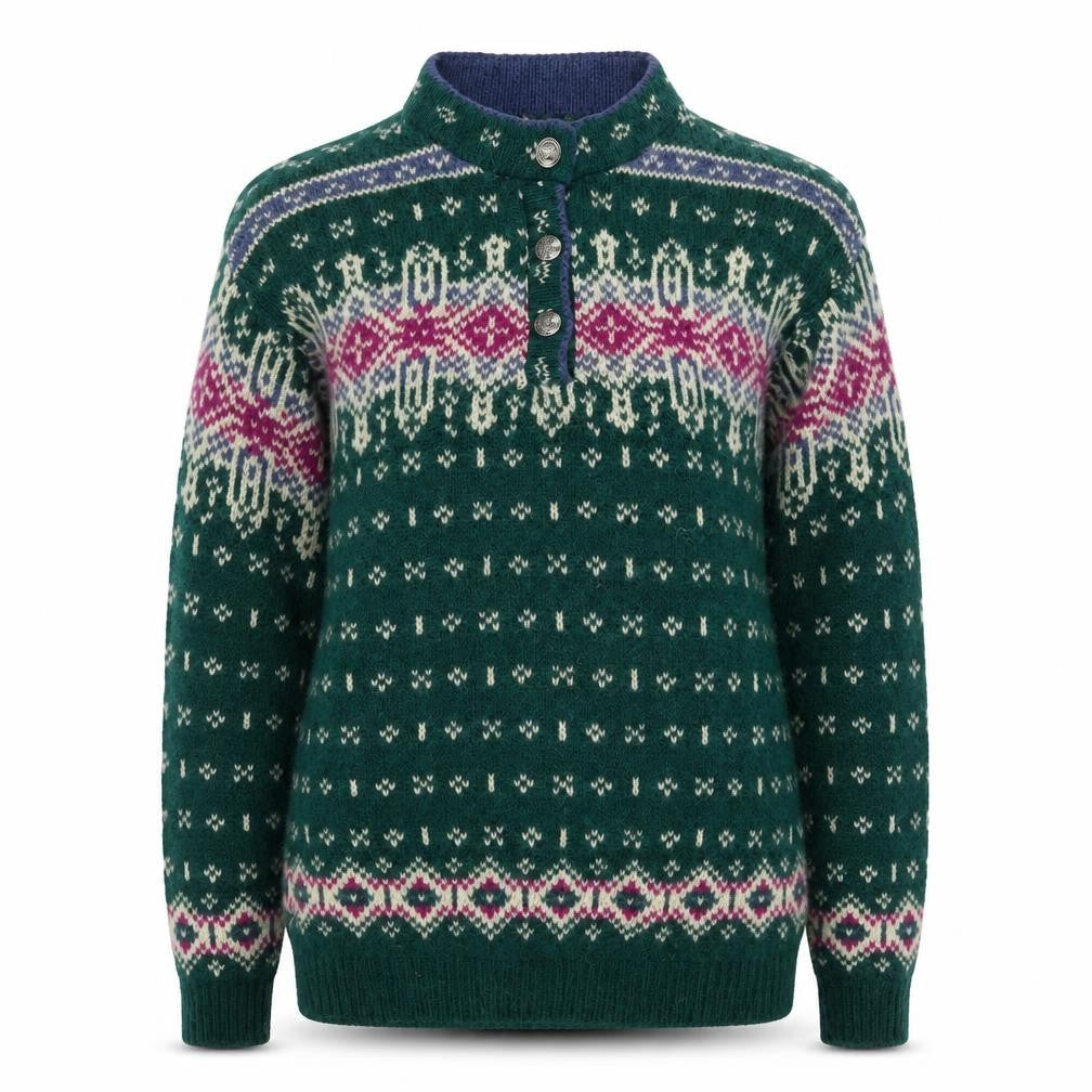 L.L.Bean Women’s Green Fair Isle Wool Henley Jumper Size S Vintage
