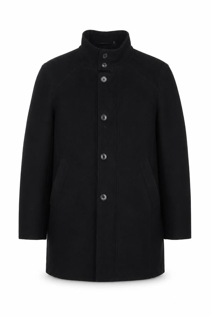 Nautica Men’s Chest 46 Black Mid-Length Stand Collar Button Overcoat Lined