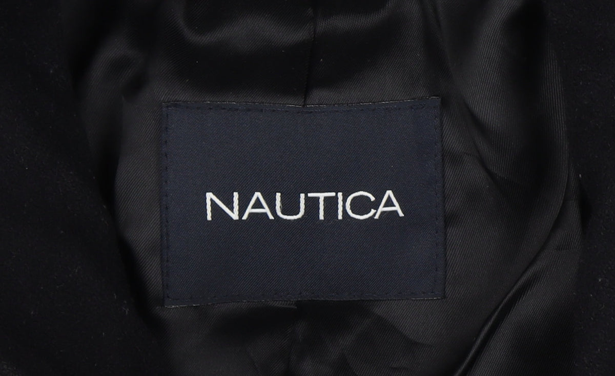 Nautica Men’s Chest 46 Black Mid-Length Stand Collar Button Overcoat Lined
