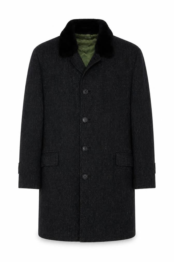Jordan Marsh Chest 44 Men’s Black Herringbone Long Overcoat Classic Vintage