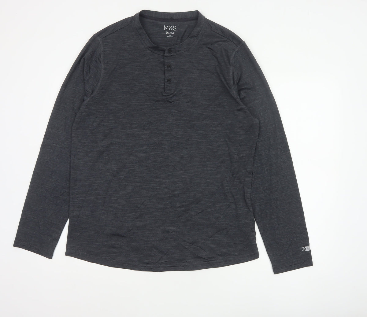Marks & Spencer Men Grey XL Active Long Sleeve Henley T-Shirt