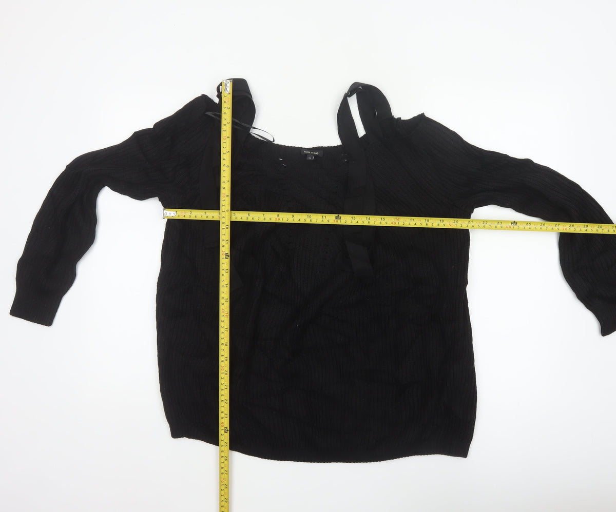 River Island Women's Black UK 10 Tie Shoulder Cable Knit Jumper
