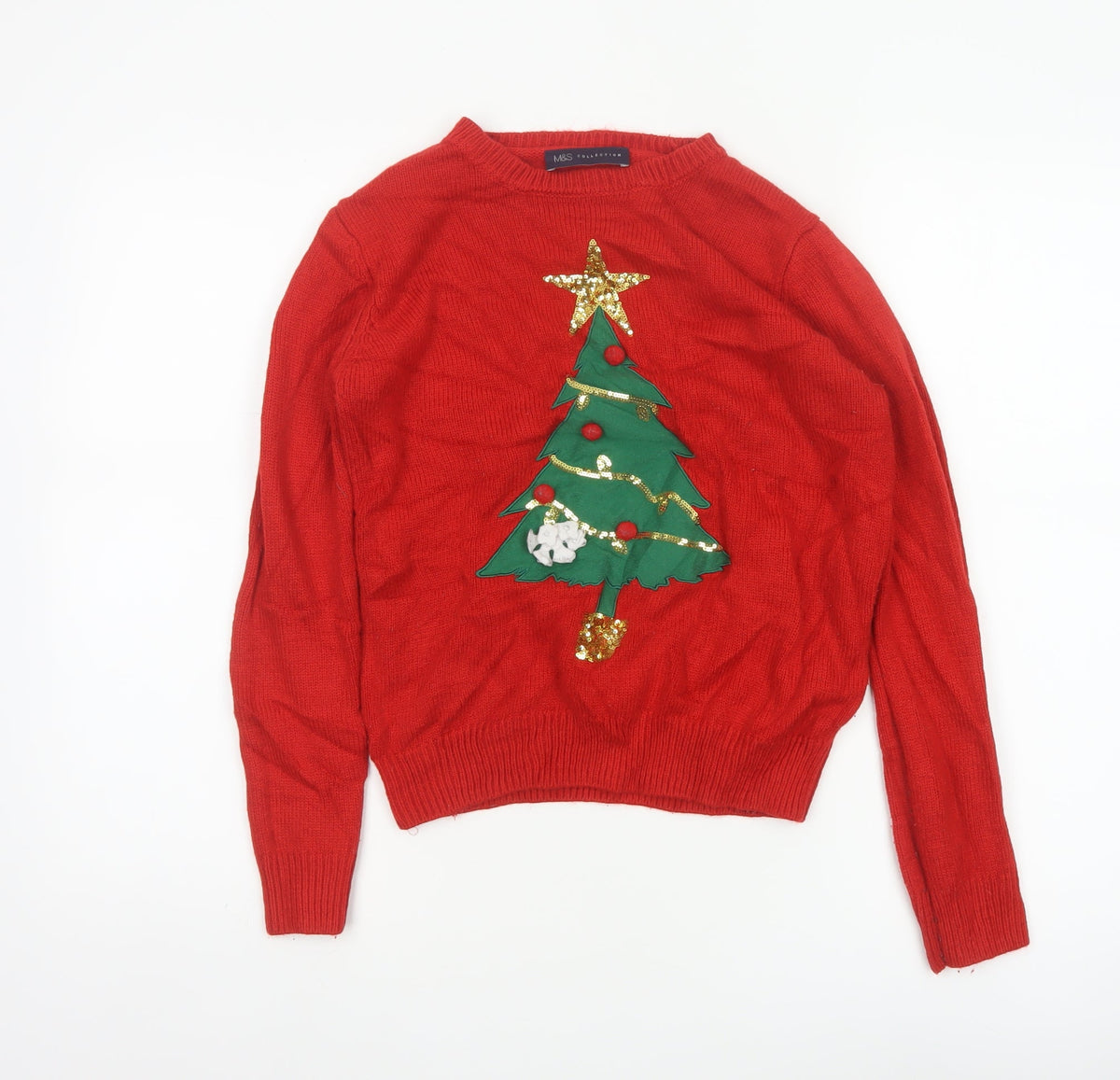 Marks & Spencer Women Red Small Christmas Tree Sequin Ugly Jumper