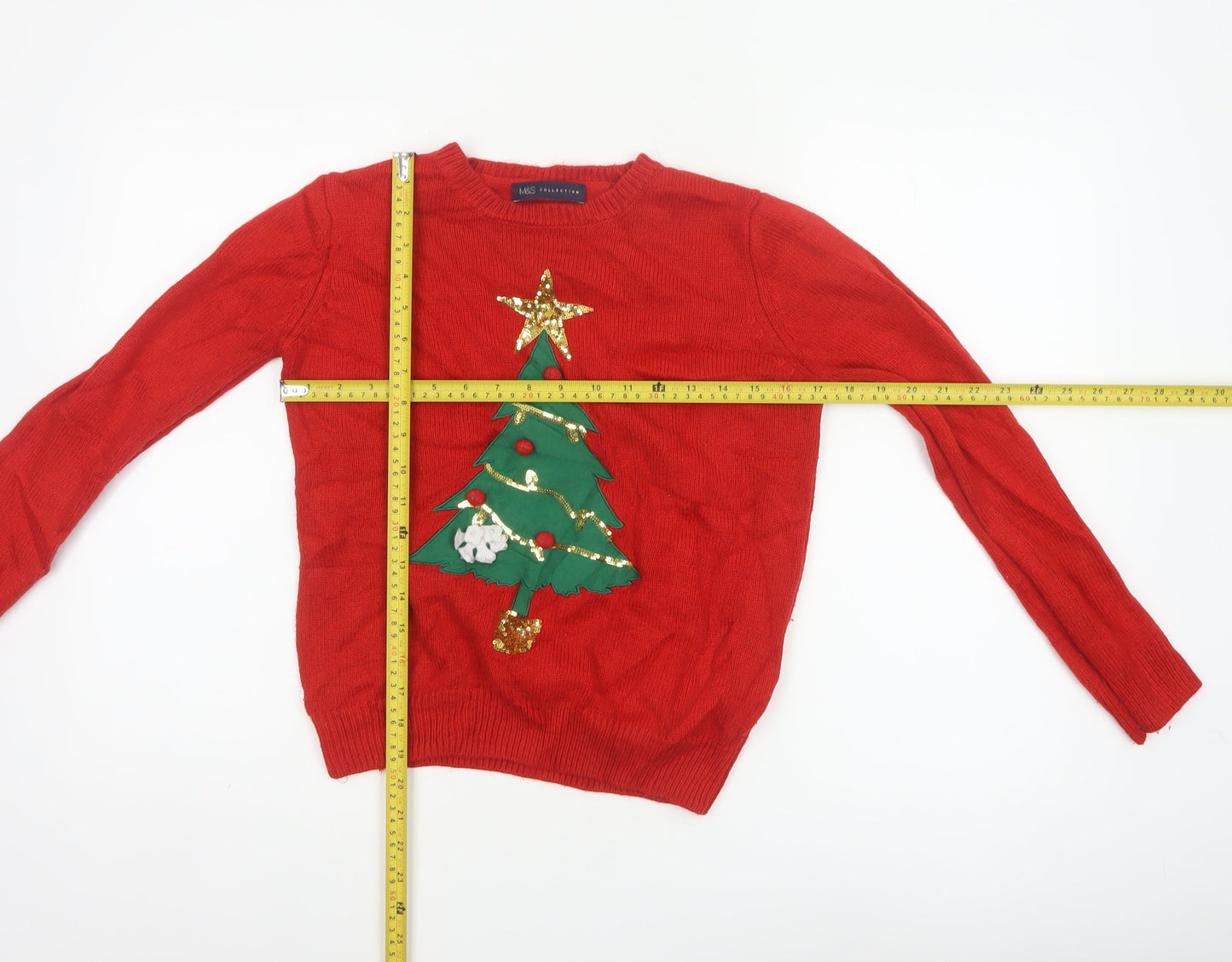 Marks & Spencer Women Red Small Christmas Tree Sequin Ugly Jumper