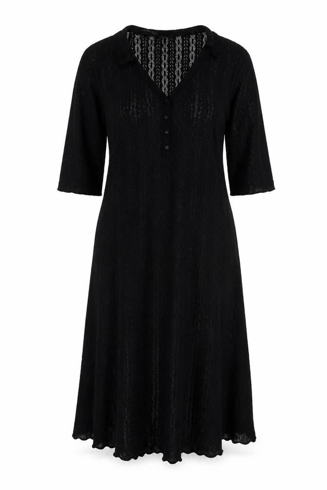 Monsoon Women Black L A-Line Knit Long V-Neck Button Dress