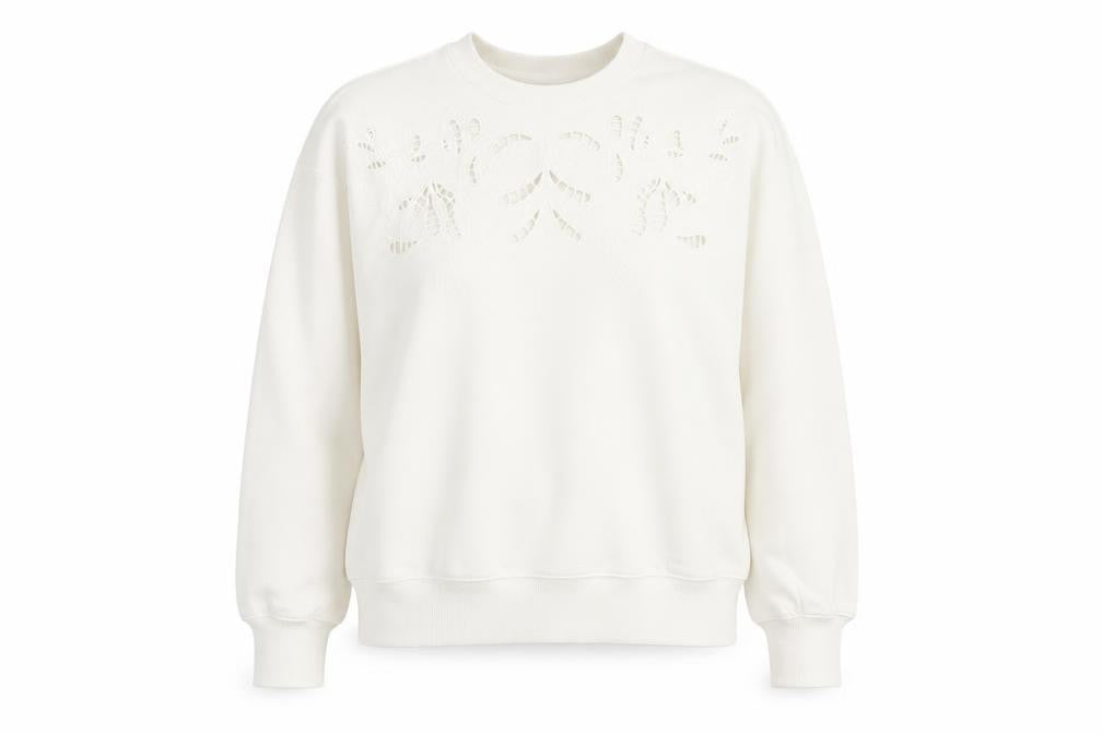 H&M Women Ivory S Floral Embroidered Cutwork Crew Neck Sweatshirt