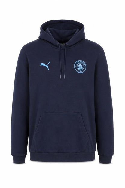 Front view of Puma Men’s Blue M Manchester City Football Pullover Hoodie Logo