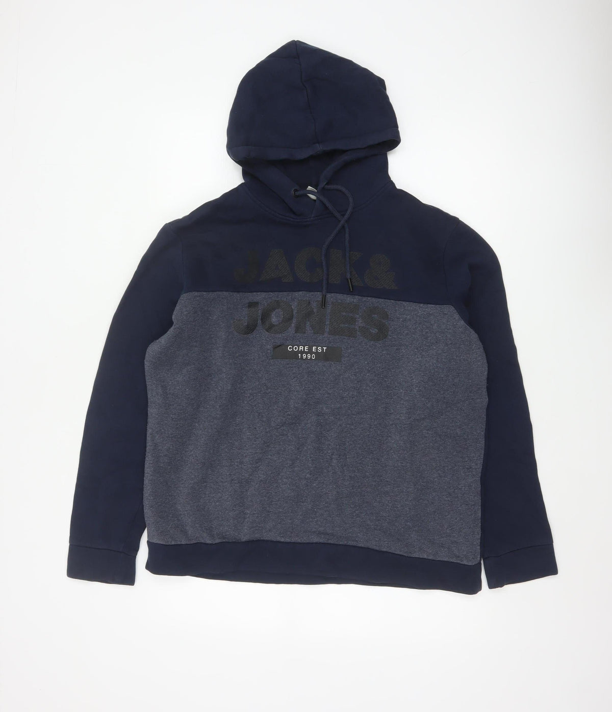 Jack & Jones Men Navy Grey L Pullover Hoodie Logo Graphic