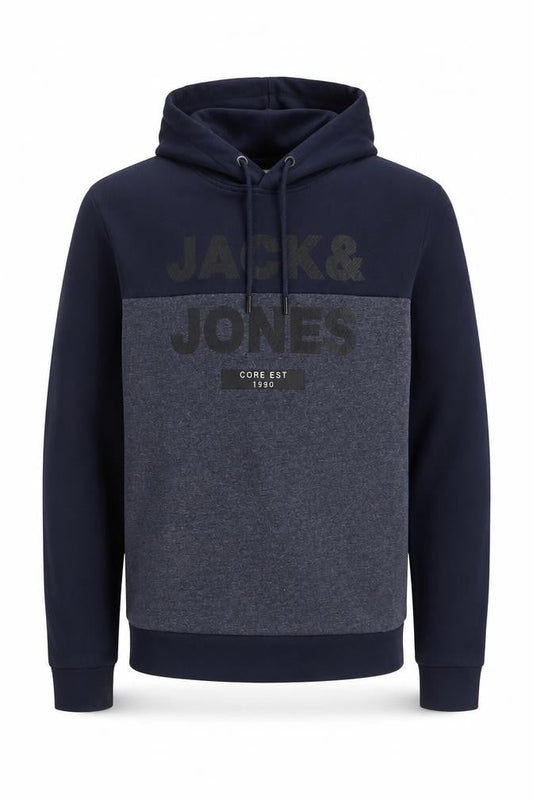 Jack & Jones Men Navy Grey L Pullover Hoodie Logo Graphic