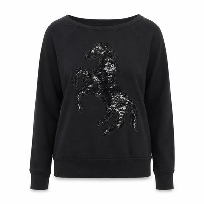 Front view of FC Jeans Women’s Black M Sequin Lizard Crew Neck Cotton Sweatshirt