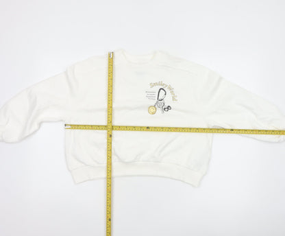 Back view of Smiley World girls’ white 10-11 years pullover graphic sweatshirt