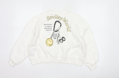 Close-up detail of Smiley World girls’ white 10-11 years pullover graphic sweatshirt