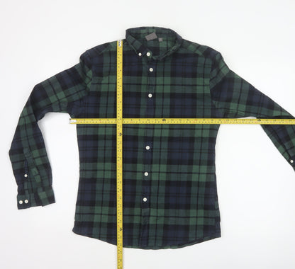 Back view of ASOS Men Green Navy Plaid Button-Down Long Sleeve Shirt M
