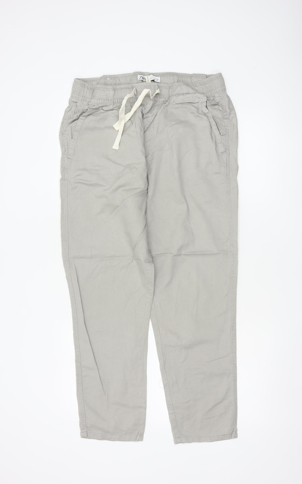 Zara Women Grey L Linen Blend Drawstring Tapered Trousers