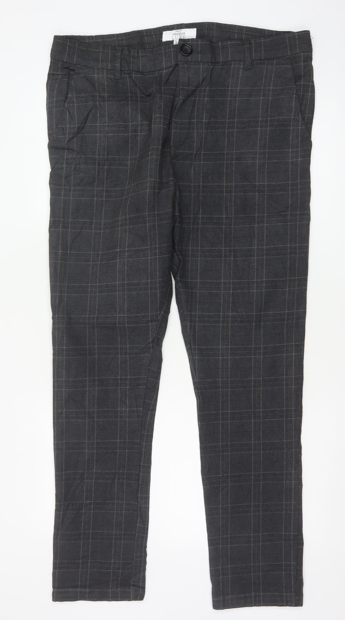 Threadbare Luxe Men’s Grey Check Slim Tapered Chino Trousers UK 38