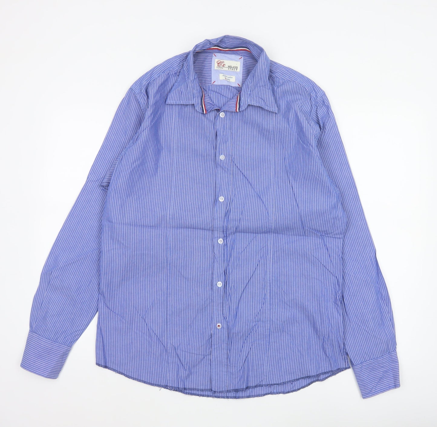 Country Casuals Milano Italy Men’s Blue Striped Cotton Button-Up Shirt Size L