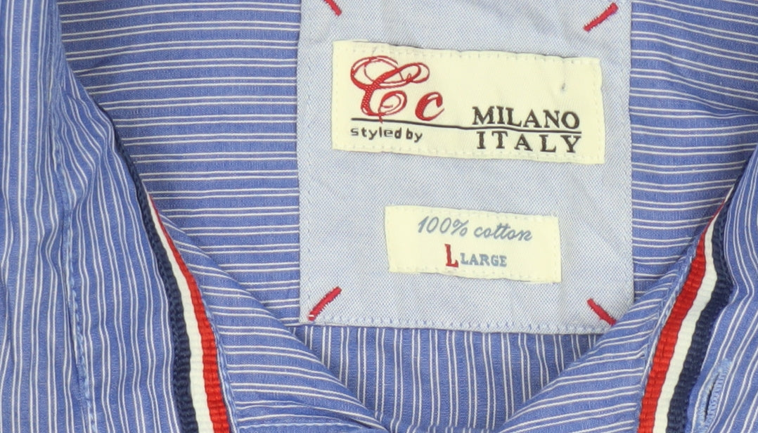 Country Casuals Milano Italy Men’s Blue Striped Cotton Button-Up Shirt Size L