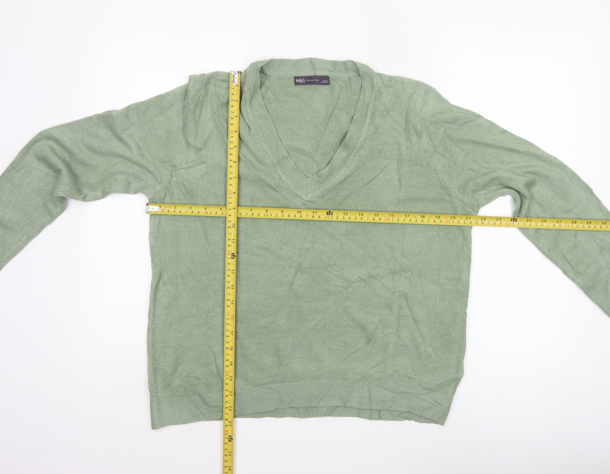 Marks & Spencer Women Green L V-Neck Long Sleeve Knit Pullover Jumper