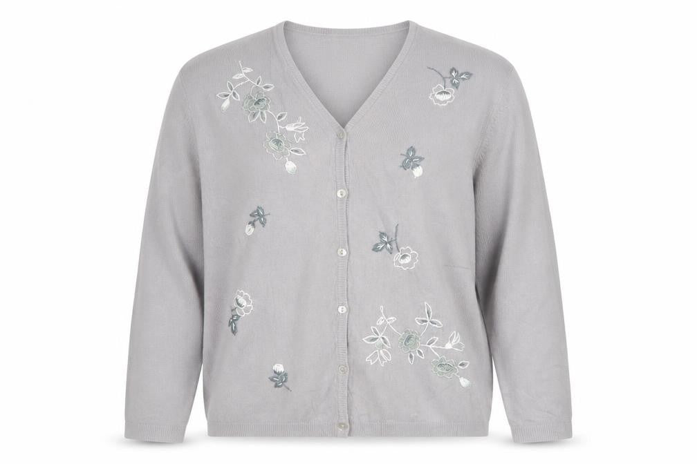 Paramour Women Grey M Floral Embroidered V-Neck Knit Cardigan