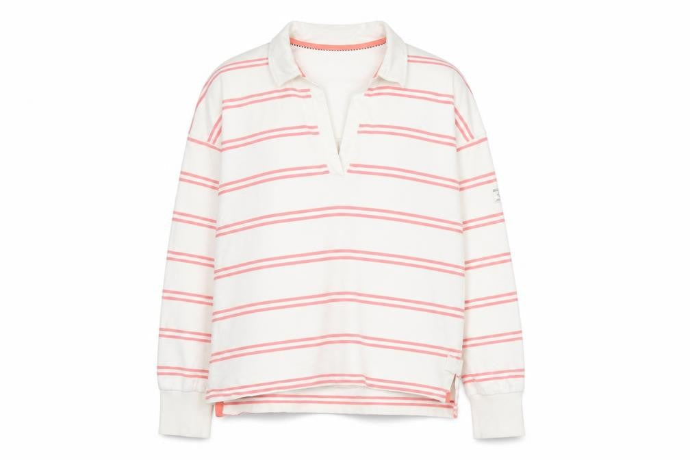 Joules Women's White Pink Stripe Collared Pullover Sweatshirt UK 16